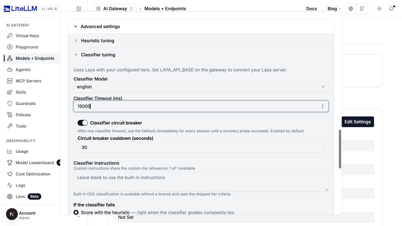 Laya classifier tuning with english model, a 15000 ms timeout, and circuit breaker settings