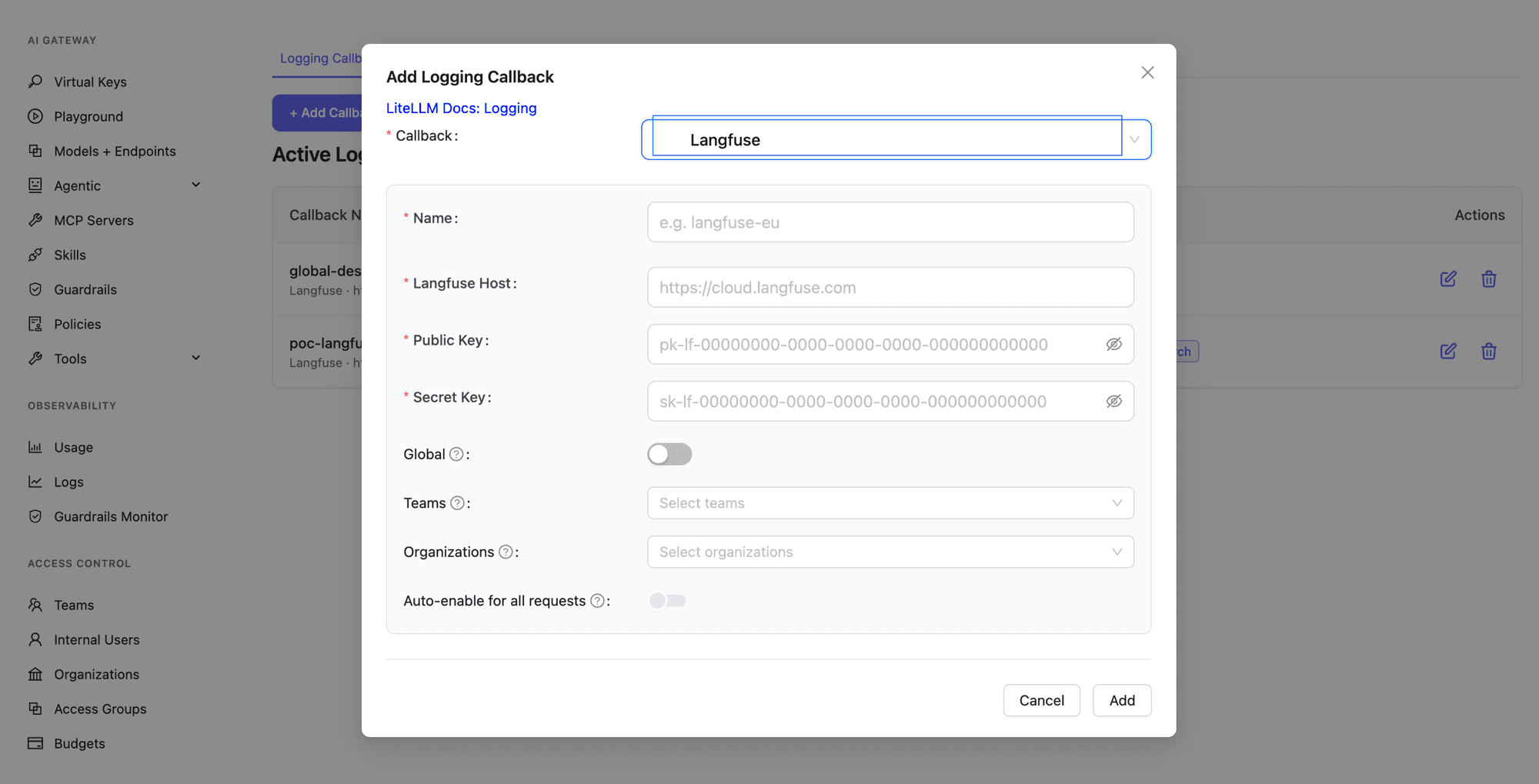 Adding a logging destination: choose the backend, set the host and secrets, then set the access scope with the Global, Teams, Organizations, and Auto-enable controls