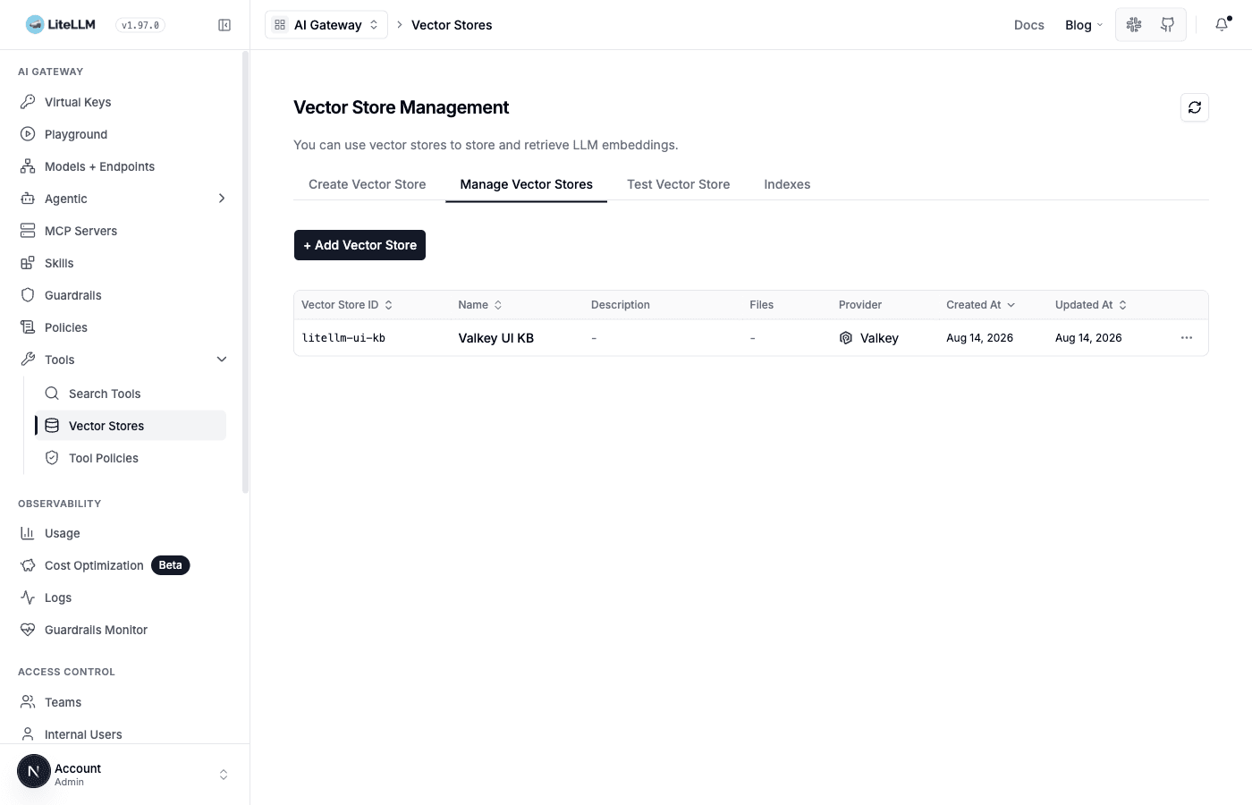含有 Add Vector Store 按鈕的 Manage Vector Stores 分頁
